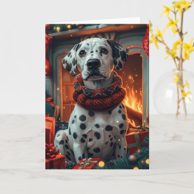 Carte Chien dalmate avec cadeau de Noël cheminée (Fleur jaune)
