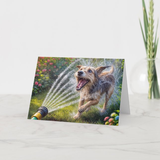 Carte Chien D'Anniversaire Dans L'Eau Spray De La Tuyau (Devant)