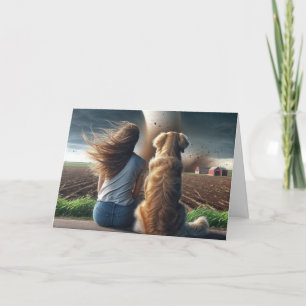 Carte Chien d'anniversaire et femme regardant une tornad