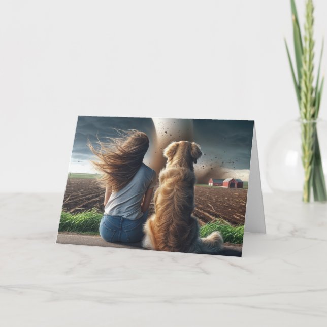 Carte Chien d'anniversaire et femme regardant une tornad (Devant)