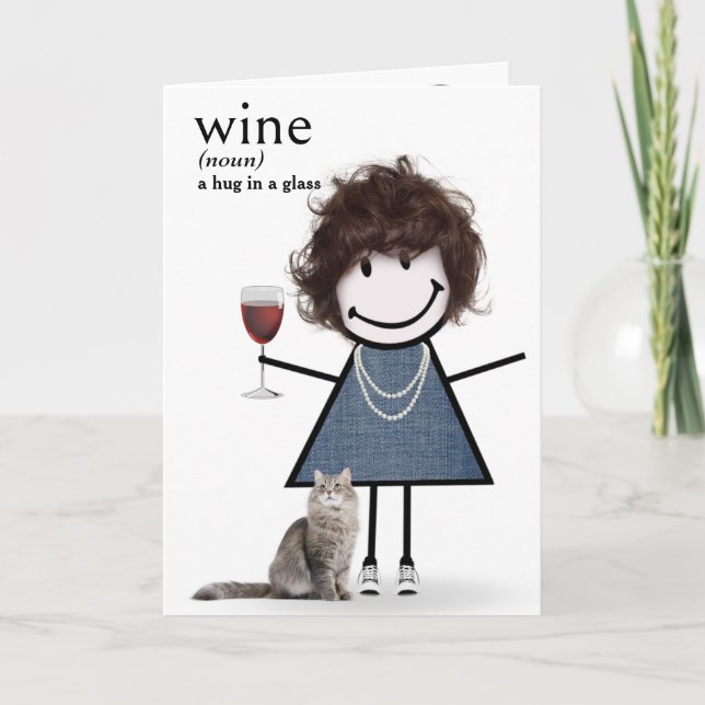 Carte Chien D'Anniversaire Fille Avec Vin Et Chat (Devant)