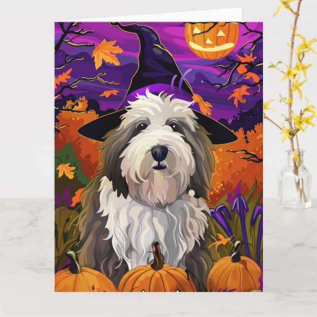 Carte Chien de berger anglais ancien Halloween Sorcière  (Fleur jaune)