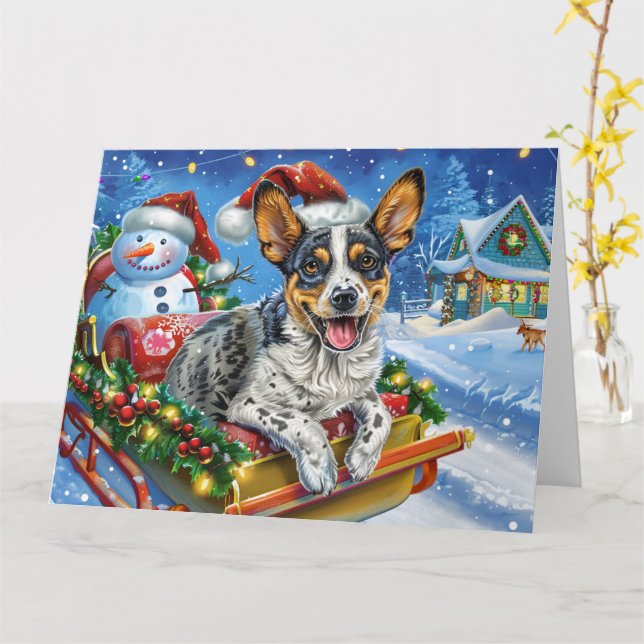 Carte Chien de bétail australien à Sleigh neige Noël (Fleur jaune)