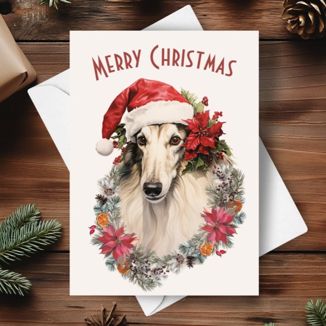 Carte Chien de Borzoi Santa Hat Rouge Poinsettias Noël (Créateur téléchargé)