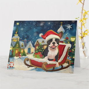 Carte Chien de Boston Terrier à Sleigh neige Noël