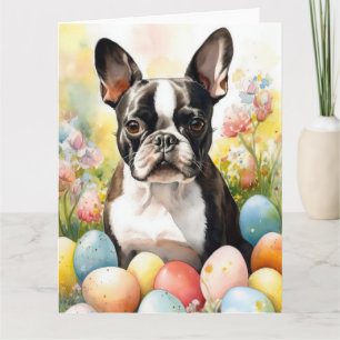 Carte Chien de Boston Terrier avec oeufs de Pâques vacan