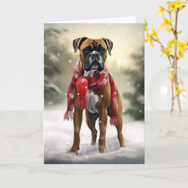 Carte Chien de boxe en Noël de neige (Fleur jaune)