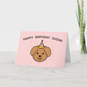 Carte Chien de caniche Anniversaire rose et jaune plié