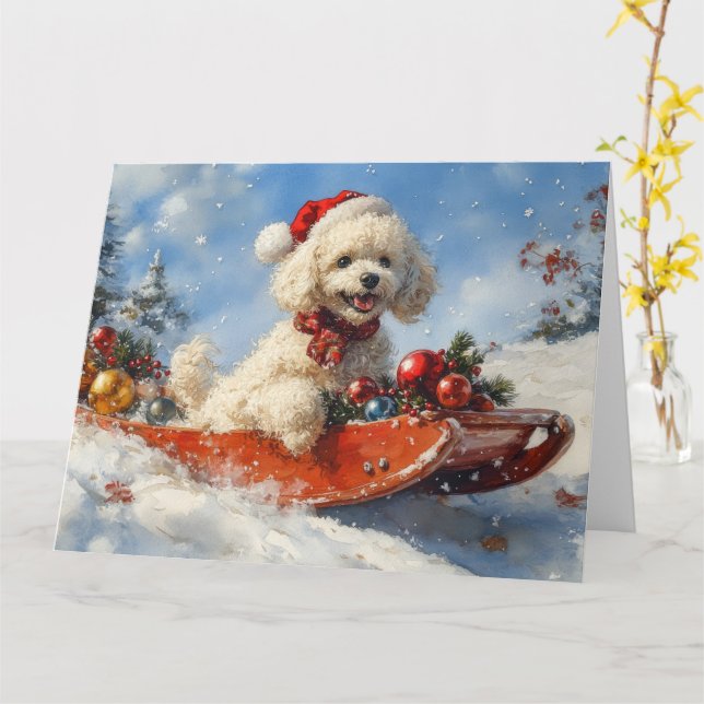 Carte Chien de caniche dans la boue Laisser il neige Noë (Fleur jaune)