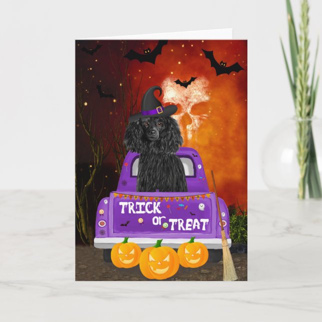Carte Chien de caniche dans un camion Halloween (Devant)