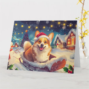 Carte Chien de Corgi à Noël de neige dorée