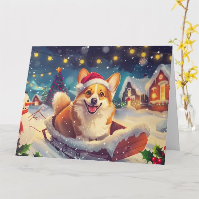 Carte Chien de Corgi à Noël de neige dorée (Fleur jaune)