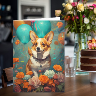 Carte Chien de Corgi avec Ballons Anniversaire