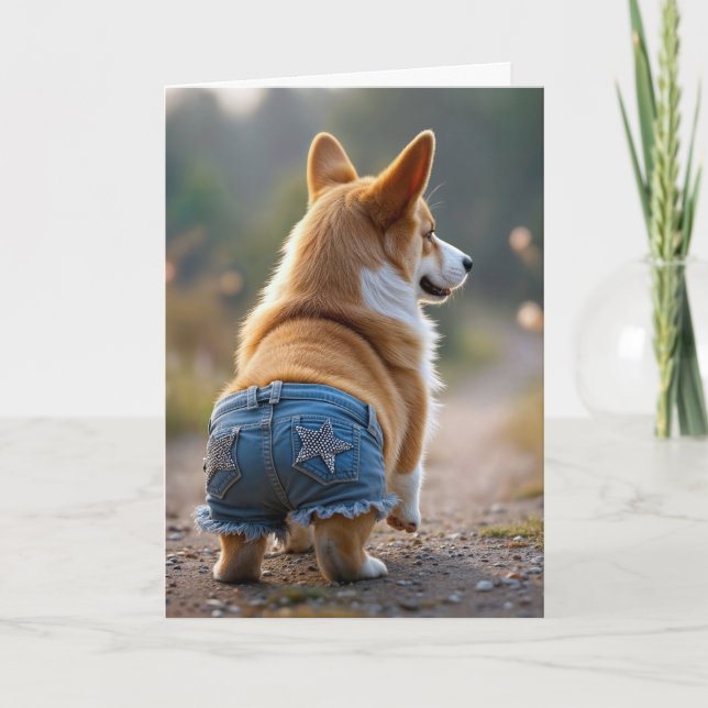 Carte Chien de Corgi d'anniversaire portant le bleu Jean (Devant)