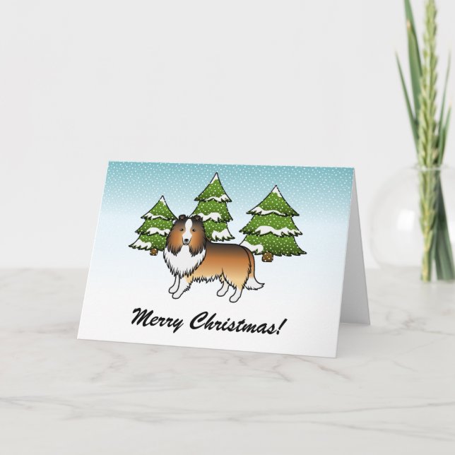 Carte Chien de dessin animé Sable Sheltie en hiver & tex (Devant)