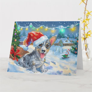 Carte Chien de Heeler bleu en neige dorée Noël