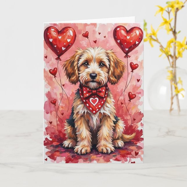 Carte Chien de la Saint-Valentin Briard assis avec des c (Fleur jaune)