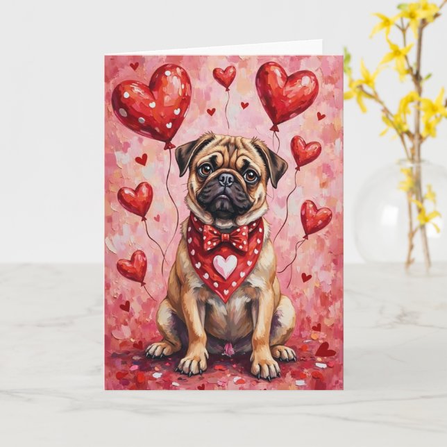 Carte Chien de la Saint-Valentin Pug avec des coeurs rou (Fleur jaune)