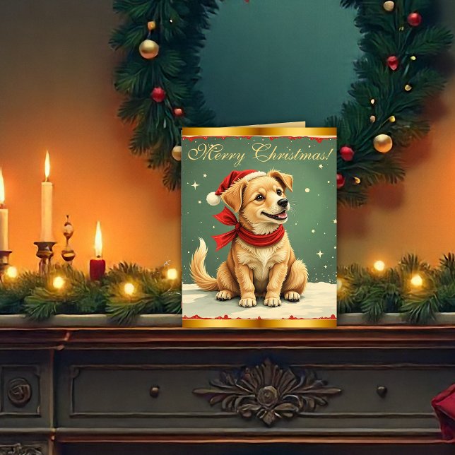 Carte Chien de Noël Vintage Noël Rétro (Vintage Christmas Puppy Retro Christmas Card by the Olde Christmas Shoppe)