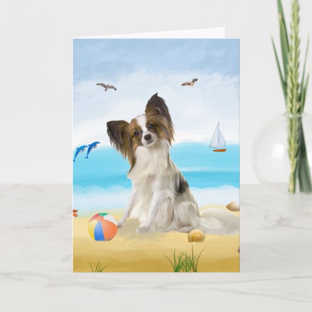 Carte Chien de Papillon sur la plage  (Devant)