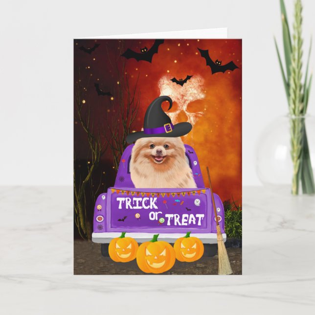 Carte Chien de Poméranie en Camion Halloween (Devant)