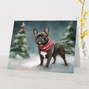 Carte Chien de taureau français à Noël de neige