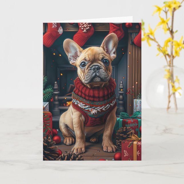 Carte Chien de taureau français avec cheminée de cadeaux (Fleur jaune)