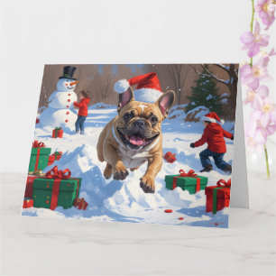 Carte Chien de taureau français coule en neige avec Casq