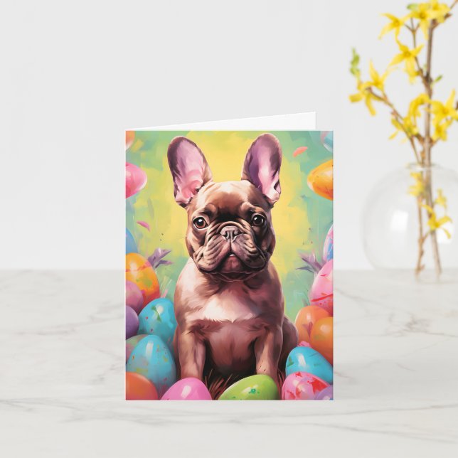 Carte Chien de taureau français heureux Pâques (Fleur jaune)