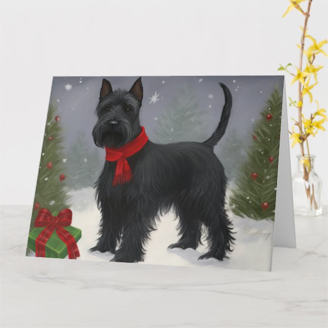 Carte Chien de Terrier écossais en Noël de neige (Fleur jaune)