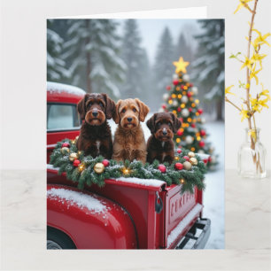 Carte Chien d'eau portugais camion rouge de Noël vacance
