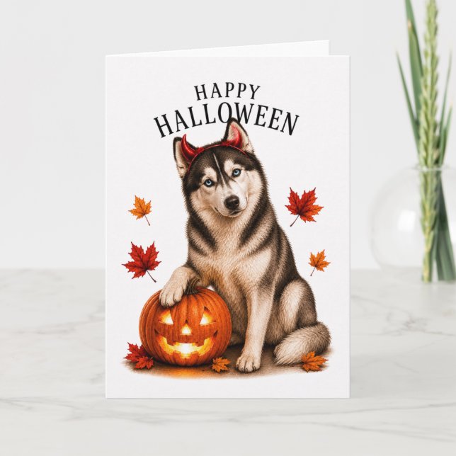 Carte Chien démon de Halloween Siberian Husky (Devant)