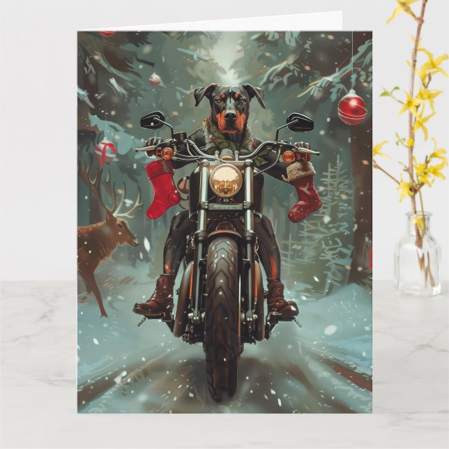 Carte Chien Doberman à moto Noël (Fleur jaune)