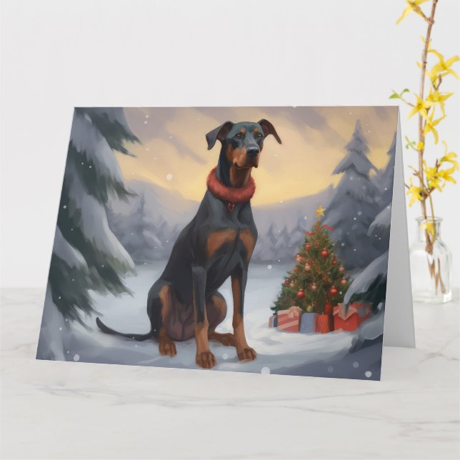 Carte Chien Doberman dans la neige de Noël (Fleur jaune)