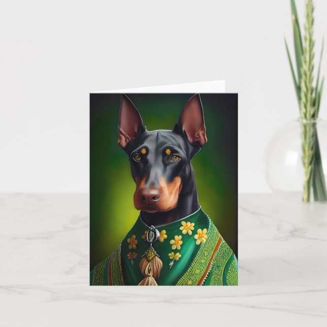 Carte Chien Doberman en robe de la Saint-Patrick (Devant)