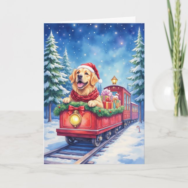 Carte Chien d'or de Noël Train Vacances d'hiver (Devant)