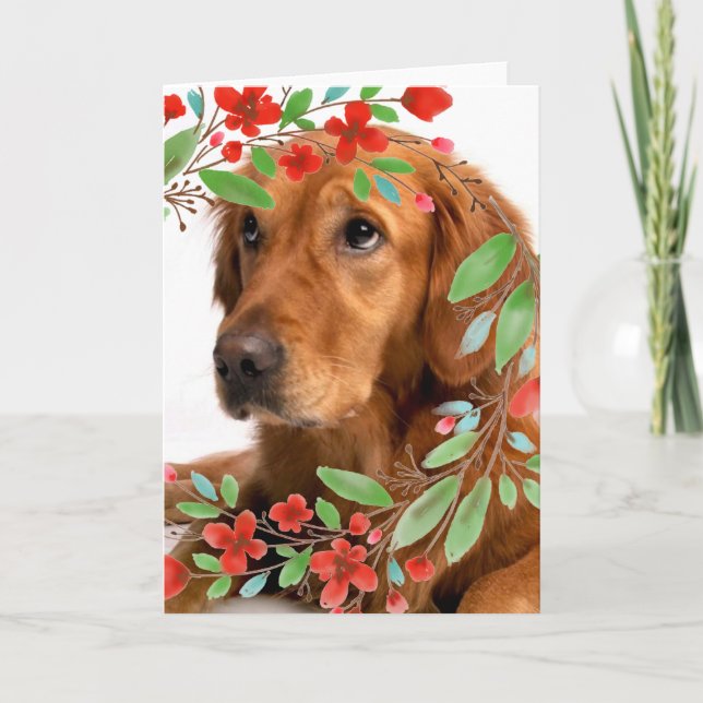 Carte Chien d'or retriever avec aquarelle Fleurs rouges (Devant)