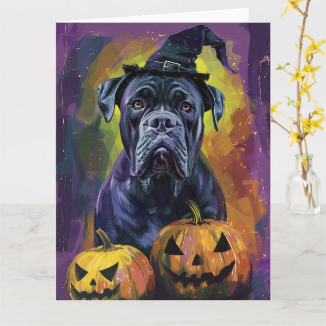 Carte Chien éffrayant Bullmastiff Halloween sorcière et  (Fleur jaune)