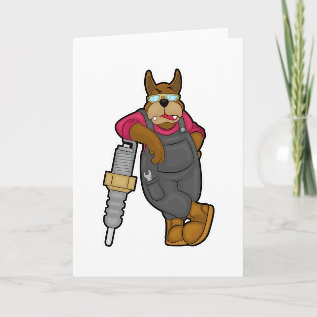 Carte Chien en mécanicien avec bougie d'allumage (Devant)