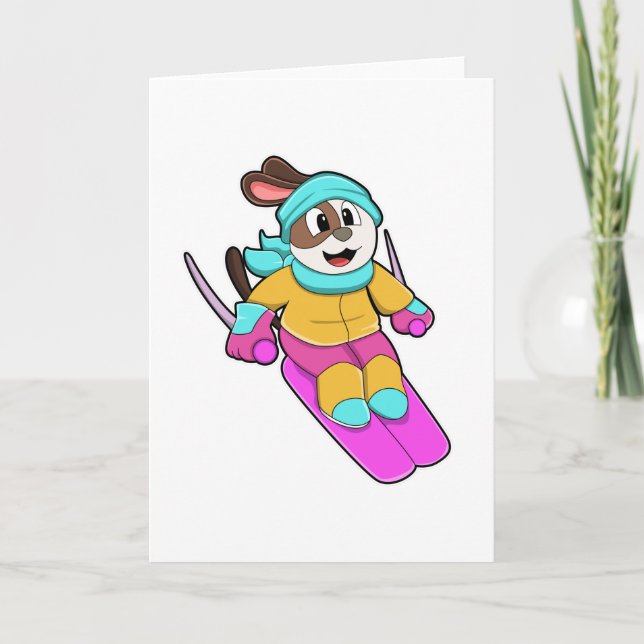 Carte Chien en skieur avec ski et écharpe (Devant)