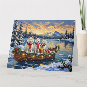 Carte Chien Esquimau Américain Blanc Noël Bateau Fêtes