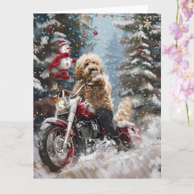 Carte Chien Goldendoodle à moto Noël  (Orchidée)