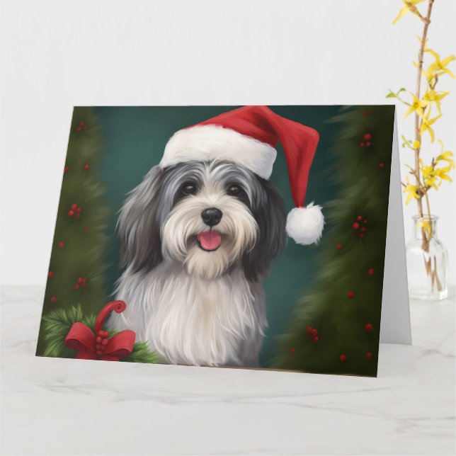 Carte Chien Havanais dans la neige de Noël (Fleur jaune)