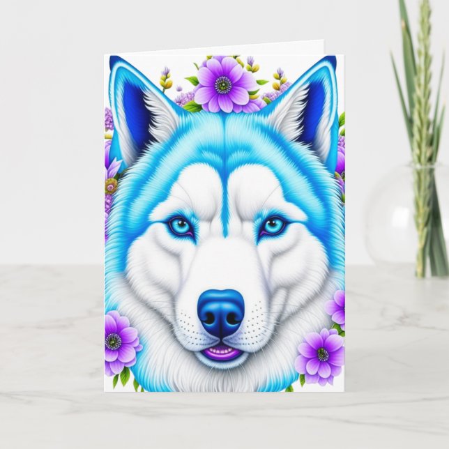 Carte Chien Husky aux yeux bleus et aux fleurs Anniversa (Devant)