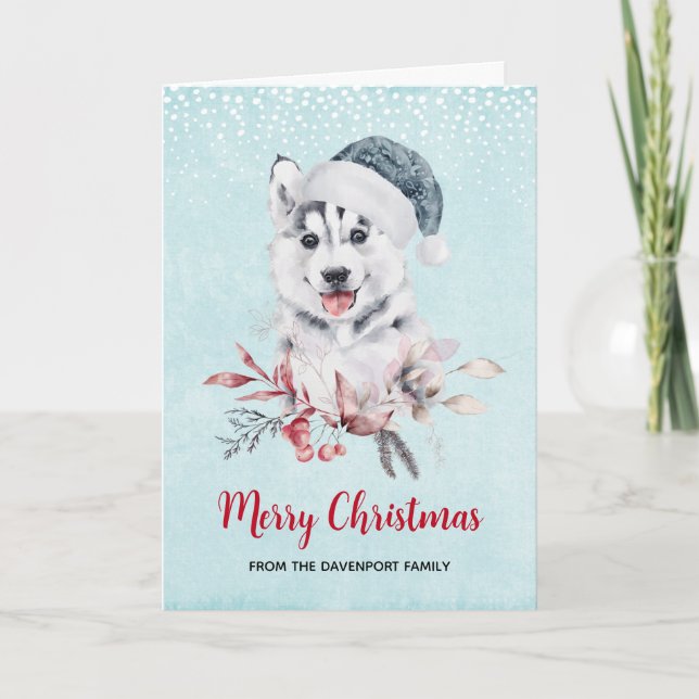 Carte Chien Husky de Noël avec un chapeau de Père Noël (Devant)