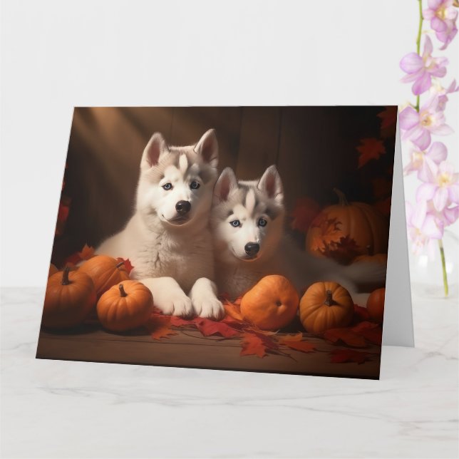 Carte Chien Husky Sibérien Automne Joie Citrouille  (Orchidée)