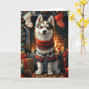 Carte Chien Husky Sibérien avec des cadeaux de Noël Chem