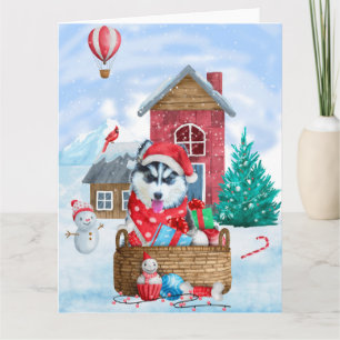 Carte Chien Husky Sibérien dans la maison de Noël pour c