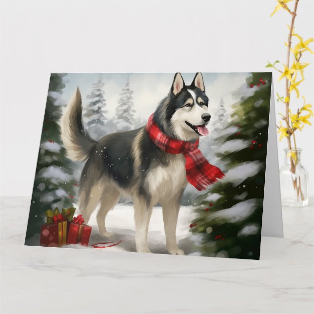 Carte Chien Husky Sibérien dans la neige de Noël (Fleur jaune)