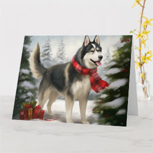 Carte Chien Husky Sibérien dans la neige de Noël